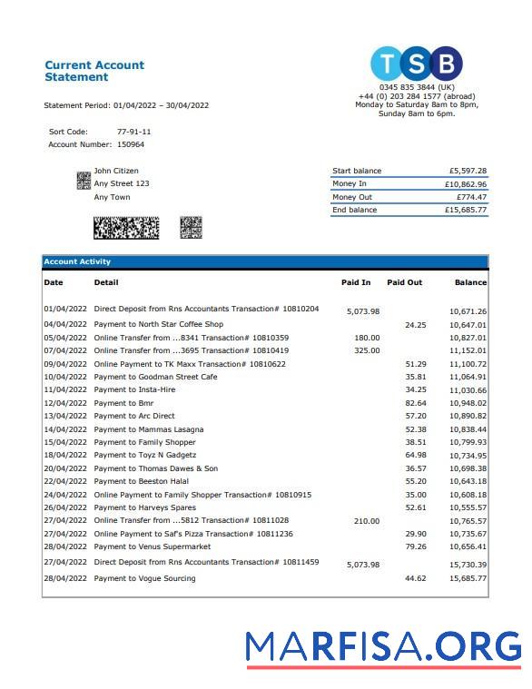 Blank United Kingdom TSB bank statement excel sample